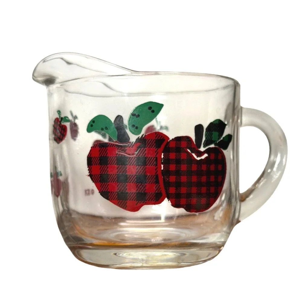 Vintage Clear‎ Glass Sugar Bowl and Creamer Set Red Buffalo Plaid Apple Country